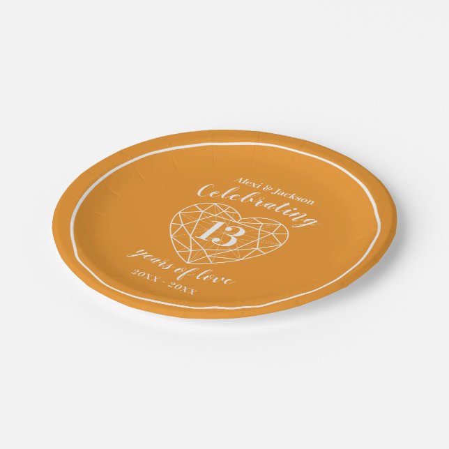 13th anniversary citrine orange personalized party paper plate (Angled)