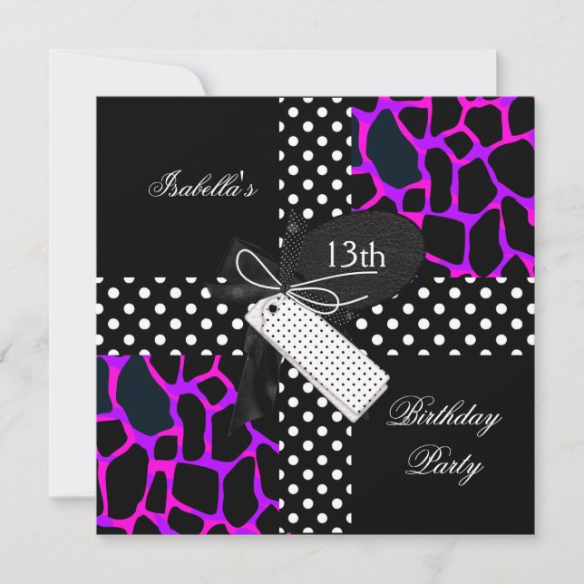 13th Birthday Animal Polka Dot Purple Black White Invitation (Front)