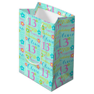 13th Birthday aqua teal pink custom name gift bag