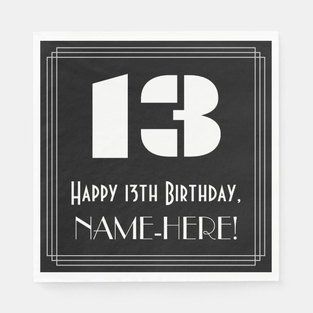 13th Birthday: Art Deco Inspired Look "13" + Name Napkin (Front)