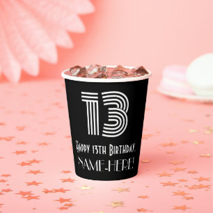 13th Birthday — Art Deco Inspired Look “13” + Name Paper Cups