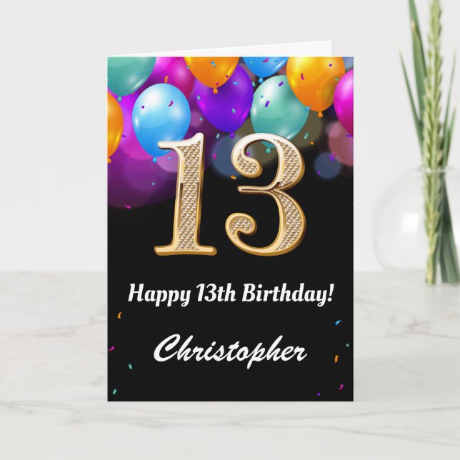13th Birthday Black and Gold Colourful Balloons Card (Front)