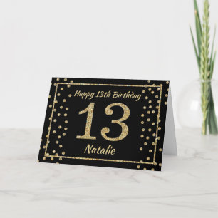 13th Birthday Black and Gold Glitter Confetti Card
