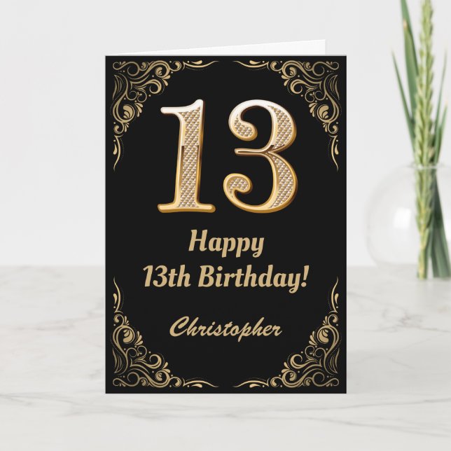 13th Birthday Black and Gold Glitter Frame Card (Front)