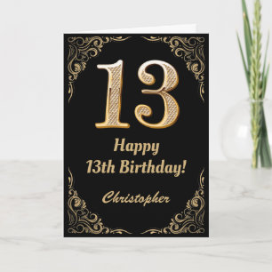 13th Birthday Black and Gold Glitter Frame Card