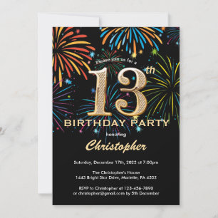 13th Birthday Black and Gold Rainbow Fireworks Invitation