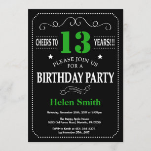 13th Birthday Black and Green Chalkboard Invitation