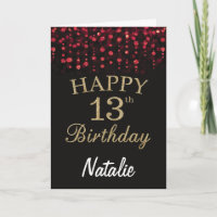 13th Birthday Black and Red Gold Glitter Card