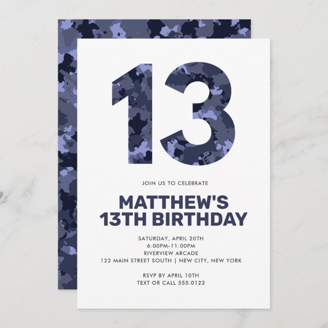 13TH Birthday, Blue Camo Personalized Teen Invitation (Front/Back)