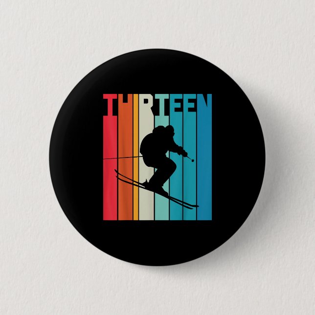 13th Birthday Boy Retro Ski Lover Skier 13 Years O 2 Inch Round Button (Front)