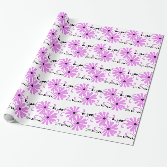13th birthday, bright pink flowers, gift wrap . (Unrolled)