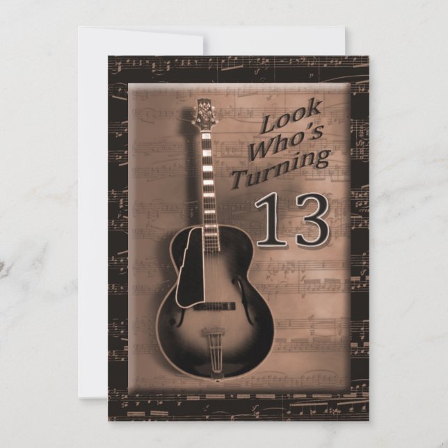 13th Birthday, Brown Guitar, Musical Invitation (Front)