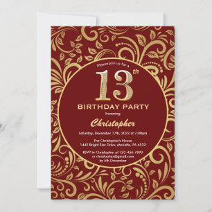 13th Birthday Burgundy Red and Gold Floral Pattern Invitation