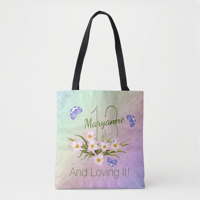 13th Birthday Butterfly Rainbow Garden Custom Name Tote Bag (Front)