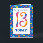 13th Birthday Card for Grandson, Stripes and Stars<br><div class="desc">A bright and colourful 13th Birthday Card for a Grandson,  with striped numbers and a starry border,  from a digital design by Judy Adamson. You can change the inside message if you wish.</div>
