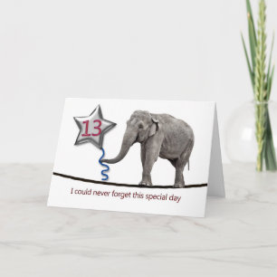 13th Birthday card with tightrope walking elephant