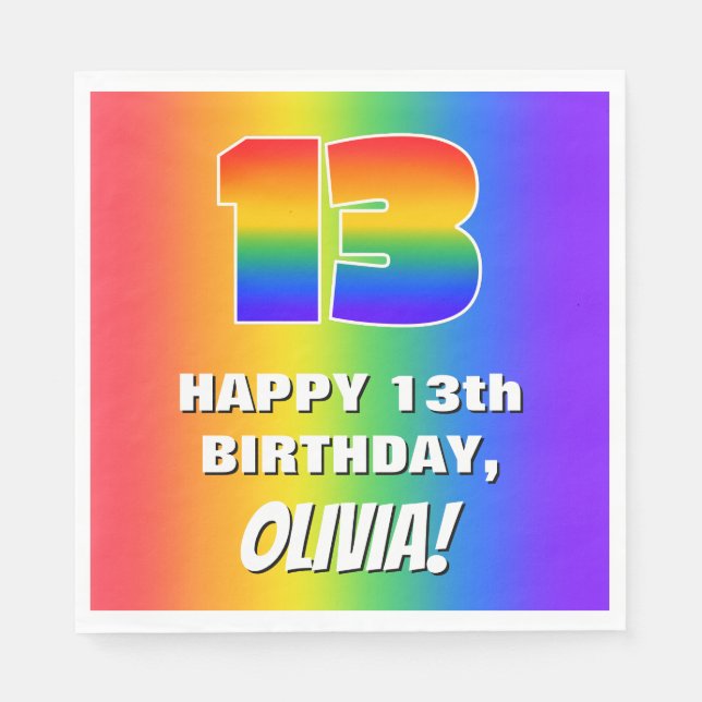 13th Birthday: Colorful, Fun Rainbow Pattern # 13 Napkin (Front)