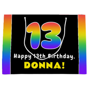 13th Birthday: Colorful Rainbow # 13, Custom Name Large Gift Bag