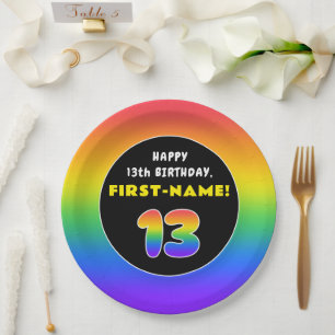 13th Birthday: Colorful Rainbow # 13, Custom Name Paper Plate