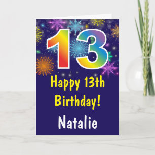 13th Birthday Colorful Rainbow Fireworks Navy Blue Card