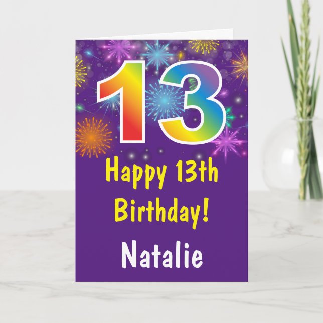 13th Birthday Colorful Rainbow Fireworks Purple Card (Front)