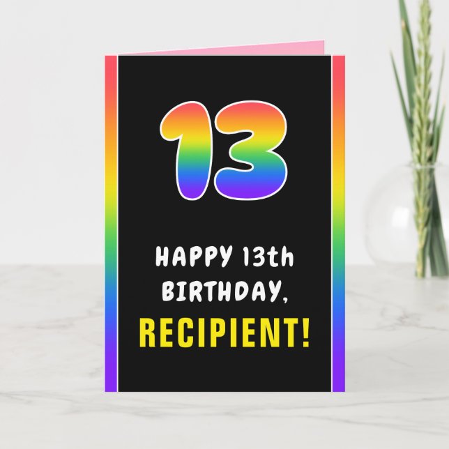 13th Birthday: Colourful Rainbow # 13, Custom Name Card (Front)