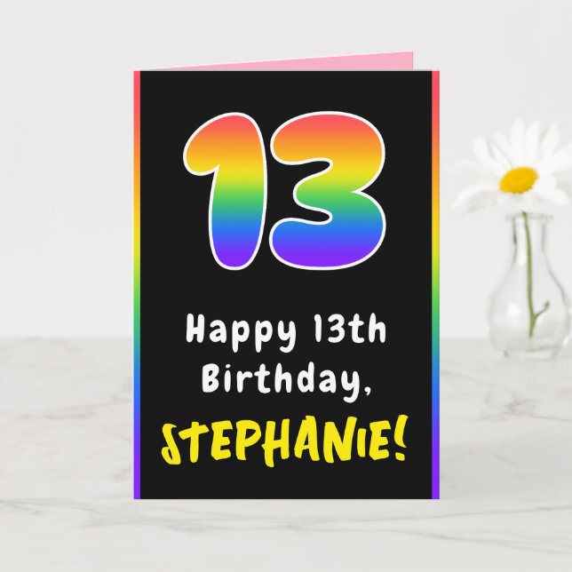 13th Birthday: Colourful Rainbow # 13, Custom Name Card (Small Plant)