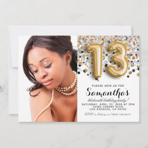 13th Birthday Confetti Gold Portrait Invitation