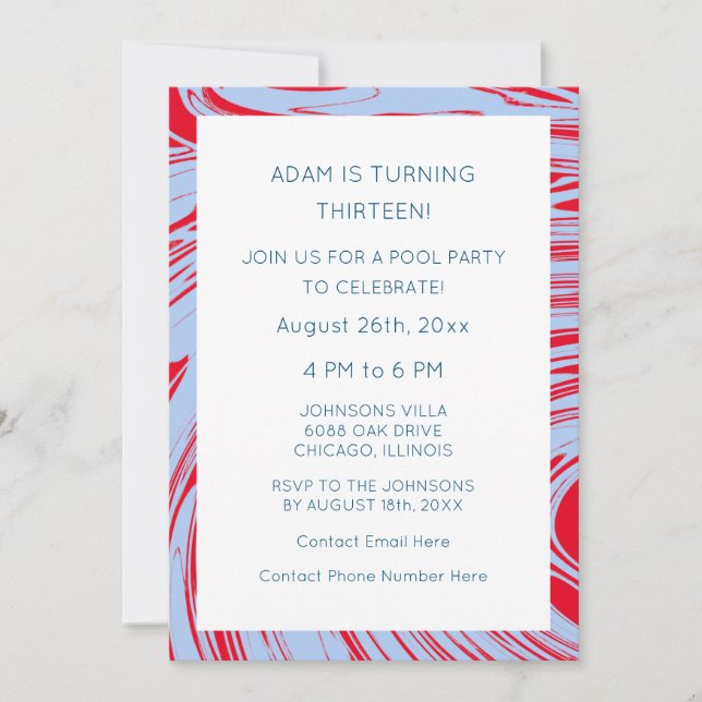 13th Birthday Custom Age Blue Red Abstract Waves Invitation (Front)