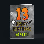 13th Birthday: Eerie Halloween Theme   Custom Name Card<br><div class="desc">The front of this scary and spooky Hallowe’en themed birthday greeting card design features a large number “13”. It also features the message “HAPPY BIRTHDAY, ”, plus a custom name. There are also depictions of a ghost and a bat on the front. The inside features a customizable birthday greeting message,...</div>