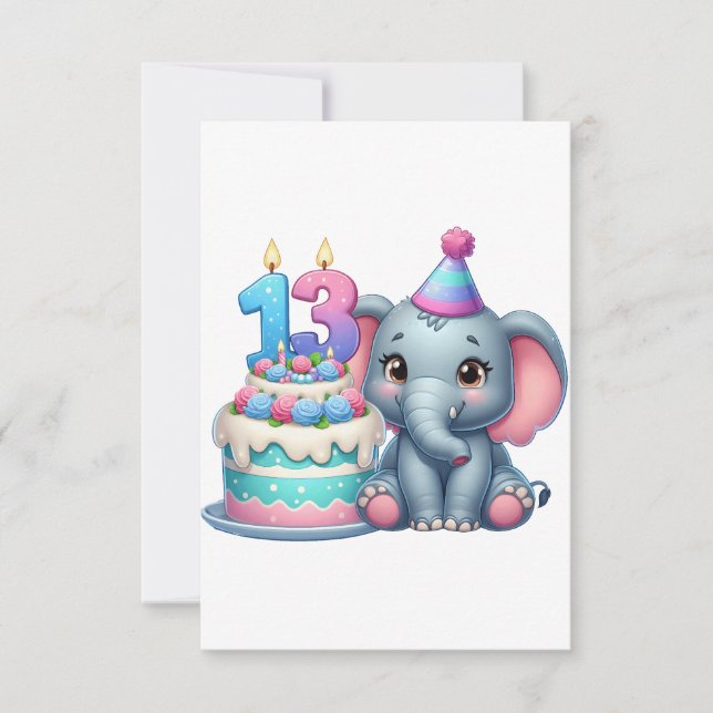 13th Birthday Elephant Cake Card (Front)
