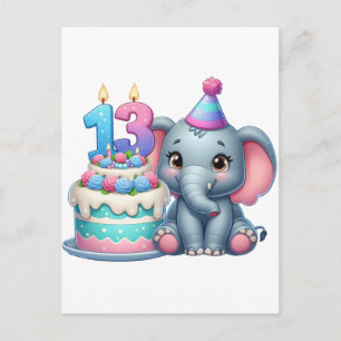 13th Birthday Elephant Cake Holiday Postcard