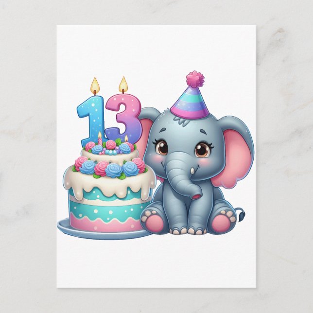 13th Birthday Elephant Cake Invitation Postcard (Front)