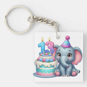 13th Birthday Elephant Cake Keychain