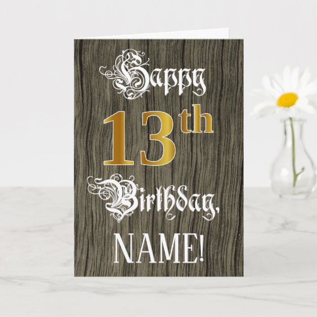 13th Birthday: Faux Gold Look + Faux Wood Pattern Card (Small Plant)