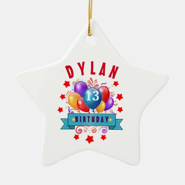 13th Birthday Festive Balloons and Red Stars 102Z Ceramic Ornament (Front)