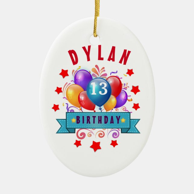13th Birthday Festive Balloons and Red Stars 102Z Ceramic Ornament (Front)