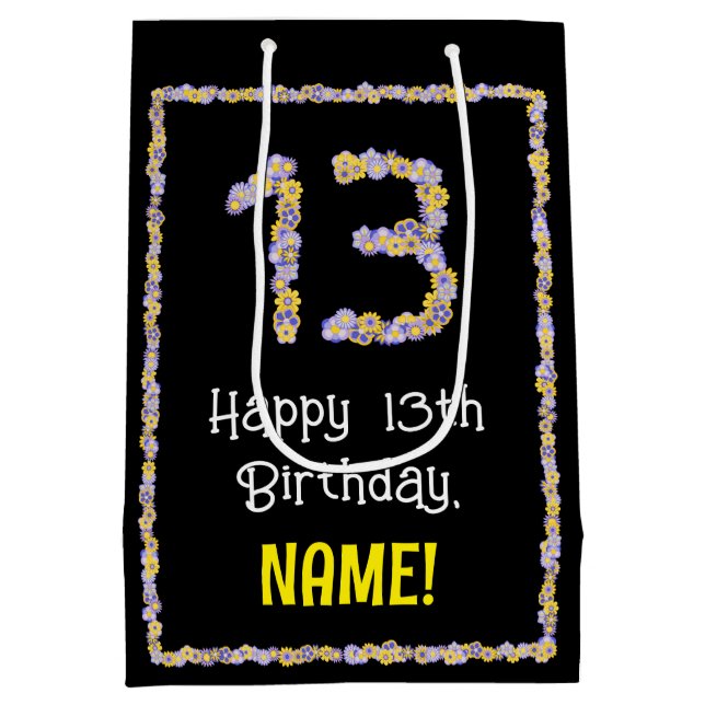 13th Birthday: Floral Flowers Number, Custom Name Medium Gift Bag (Back)