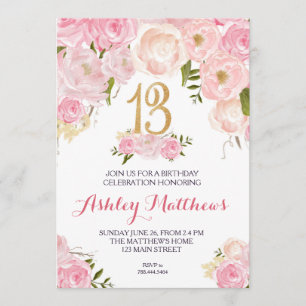 13th birthday Floral Invitation, Invitation