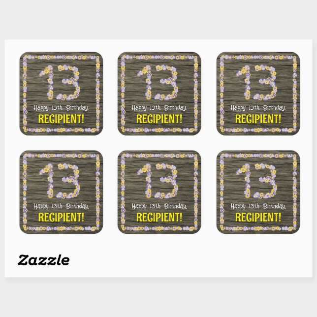 13th Birthday: Floral Number, Faux Wood Look, Name Square Sticker (Sheet)