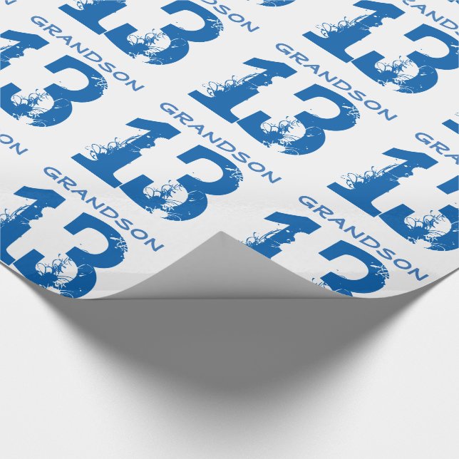13th Birthday for a grandson, blue text on white. Wrapping Paper (Corner)