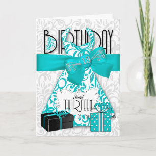 13th Birthday for Her Trendy Bling Turquoise Dress Card