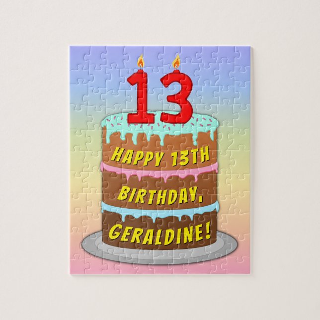 13th Birthday: Fun Cake and Candles + Custom Name Jigsaw Puzzle (Vertical)