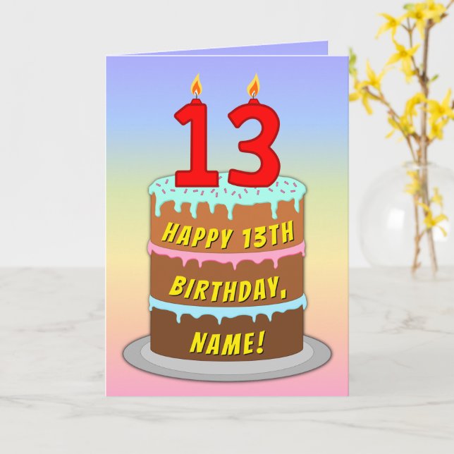 13th Birthday — Fun Cake & Candles, w/ Custom Name Card (Yellow Flower)