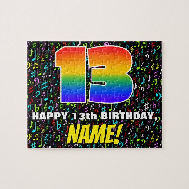 13th Birthday — Fun, Colourful Music Symbols & “13 Jigsaw Puzzle (Horizontal)