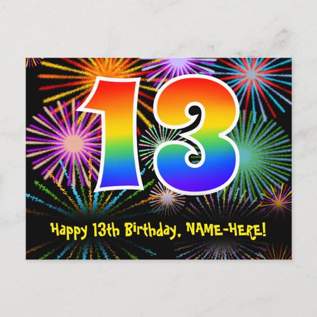 13th Birthday – Fun Fireworks Pattern + Rainbow 13 Postcard (Front)