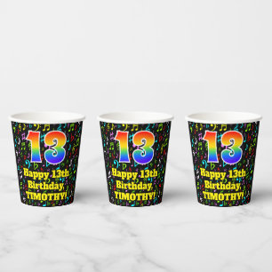 13th Birthday: Fun Music Notes Pattern, Rainbow 13 Paper Cups
