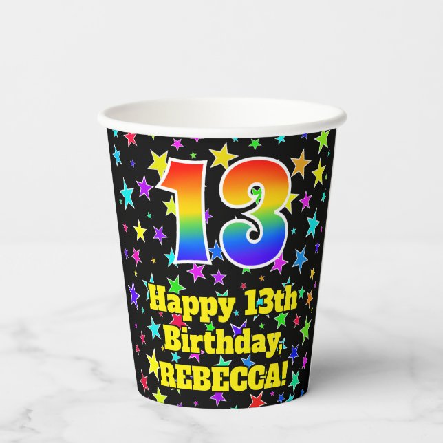13th Birthday: Fun Stars Pattern and Rainbow 13 Paper Cups (Back)