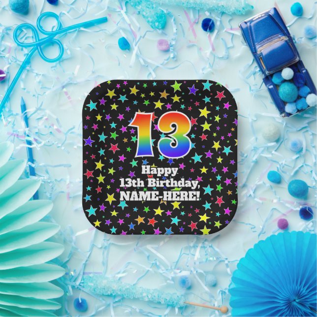 13th Birthday: Fun Stars Pattern and Rainbow “13” Paper Plate (Party)