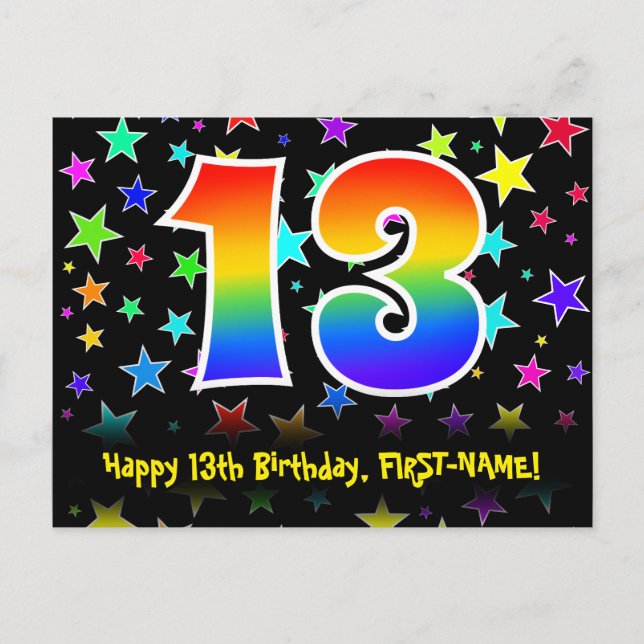 13th Birthday: Fun Stars Pattern, Rainbow 13, Name Postcard (Front)